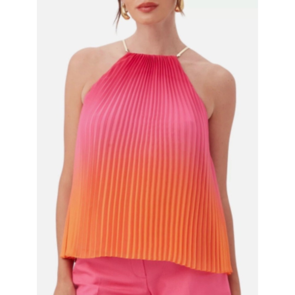 Trina Turk Nayarit‎ Pleated Chiffon Halter Tank Top Pink Orange Ombre L